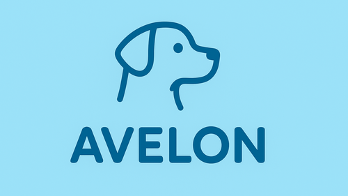 Logo of Avelon with a dog icon on a blue background